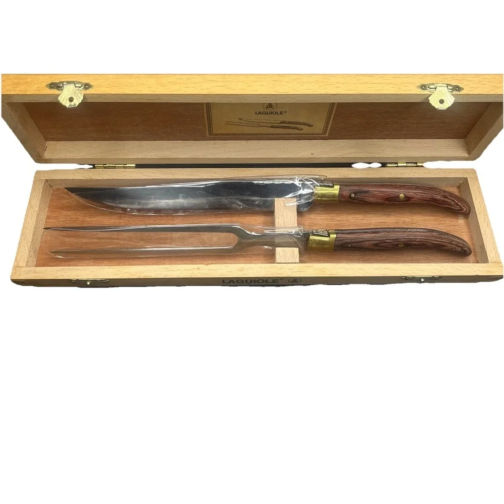 Laguiole Carving Knife & Fork Set Wood Handle Wooden Gift Box New